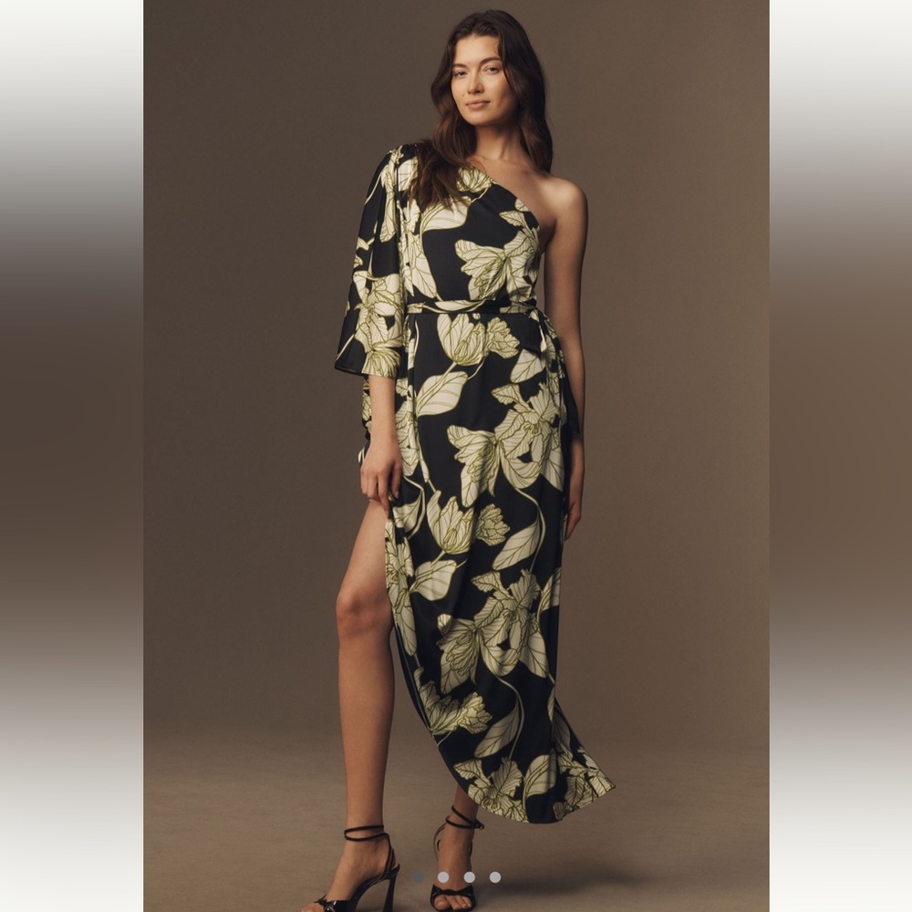 Hutch Adina One Shoulder Asymmetrical Stretch Satin Midi Dress- Anthropologie